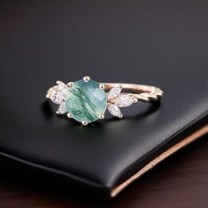 Unique Moss Agate Engagement Ring in 925 Sterling Silver with CZ Accents | Bohemian Promise Ring | Nature Inspired Jewelry Gift for Women
