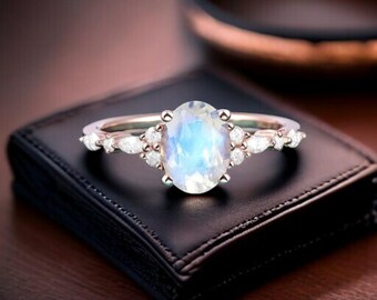 Natural Oval Moonstone Engagement Ring in 925 Sterling Silver with CZ Accents – Handmade Promise Ring, June Birthstone Jewelry