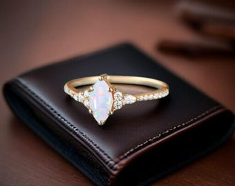 Ethiopian Opal Engagement Ring in Sterling Silver | Unique Marquise Opal Bridal Jewelry | October Birthstone Proposal Ring Gift