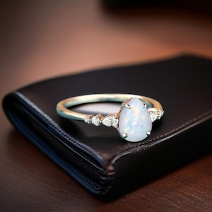 Minimalist Opal Diamond Ring in Gold Plated Silver– Minimal Engagement Jewelry, Dainty Bridal Wedding Ring, Promise Anniversary Gift
