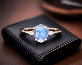 925 Sterling Silver Moonstone Engagement Ring with CZ, Oval Cut Moonstone Promise Ring, Elegant June Birthstone Jewelry for Women