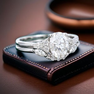 Könnte beinhalten: Ein funkelndes Verlobungsring-Set mit einem großen, oval geschliffenen Diamanten als Mittelstein, umgeben von kleineren Akzentsteinen. Der Ring ist in einem silbernen Band gefasst, kombiniert mit einem passenden Band. Auf dunklem Leder platziert.