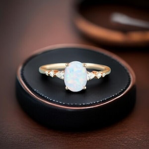 Dainty Gold  Opal Engagement Ring with Diamonds – Minimalist Gold Bridal Jewelry, Elegant Promise Ring for Women