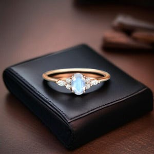 Handmade Oval Moonstone Engagement Ring in 925 Sterling Silver with CZ Side Stones – Unique Bridal Ring, Promise Ring, June Birthstone Gift