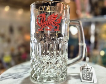 Vintage Cymru Wales Glas Bierkrug mit Red Dragon Emblem