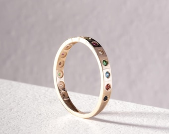 14K Solid Gold Colorful Band Ring, Vintage Inspired, Multi Gemstone Eternity Stackable Jewelry Gift