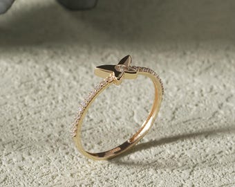 14K Solid Gold Butterfly Ring – Zirconia Pavé Band