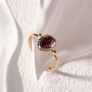 14K Solid Gold Pear Cut Ruby Ring – Vintage Red Gem Engagement Promise Ring