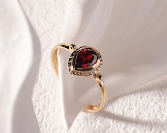 14K Solid Gold Pear Cut Ruby Ring – Vintage Red Gem Engagement Promise Ring