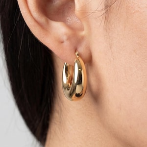 14K Solid Gold Chunky Hoop Earrings, Bold Dome Hoops - Thick Minimal Statement Fine Jewelry