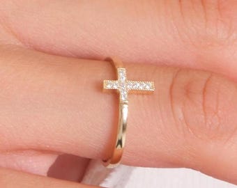 14K Gold Cross Ring – Minimalist Zirconia Faith Jewelry