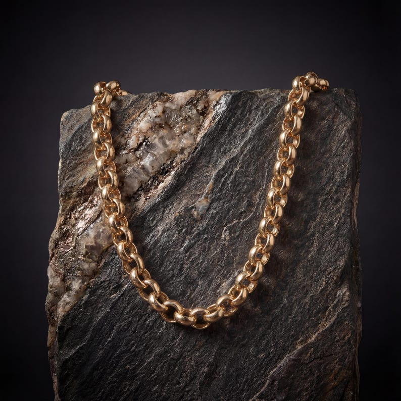 May include: A gold-colored chain necklace with a rounded link design. The necklace is displayed on a dark gray and tan stone surface against a black background. The chain is made of metal and has a polished finish.
