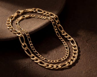 14K Solid Gold Figaro Chain Bracelet Handmade Minimal Unisex Jewelry