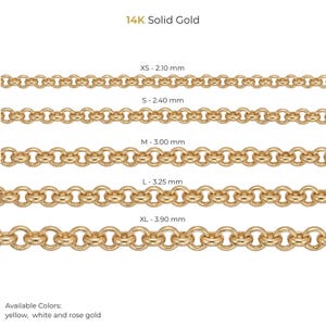 May include: A display of 14K solid gold chain necklaces in various sizes, from XS (2.10 mm) to XL (3.90 mm). The available colors are yellow, white, and rose gold. The chains are shown against a white background.