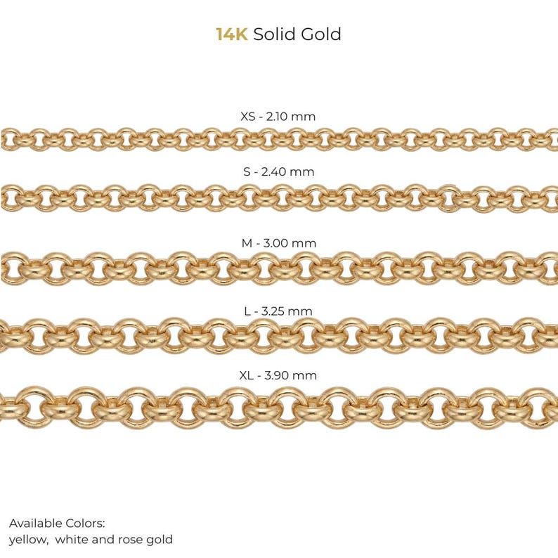 May include: A display of 14K solid gold chain necklaces in various sizes, from XS (2.10 mm) to XL (3.90 mm). The available colors are yellow, white, and rose gold. The chains are shown against a white background.