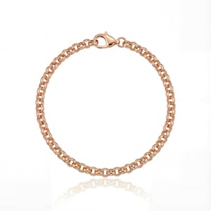 May include: Rose gold chain bracelet with a lobster clasp. The bracelet features a series of interconnected, rounded links. The jewelry is displayed on a white background, with a subtle reflection visible below the bracelet.