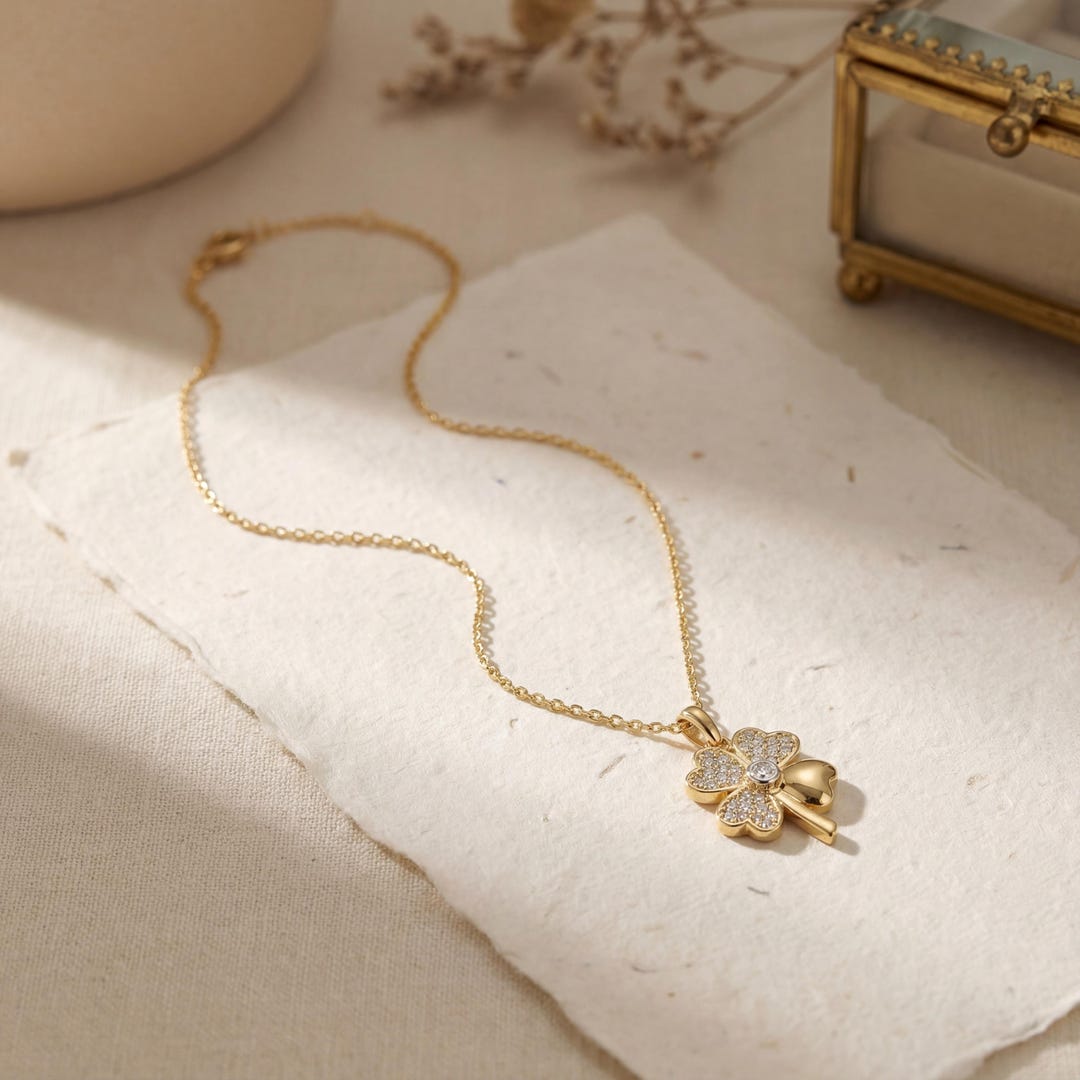 14K Solid Gold Four Leaf Clover Pendant Necklace, Handmade Lucky Charm ...