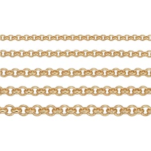 May include: Several gold-colored chain necklaces of varying thicknesses are displayed against a white background. Each chain is composed of interlocking circular links. The chains are arranged horizontally, showcasing the different sizes and styles available.