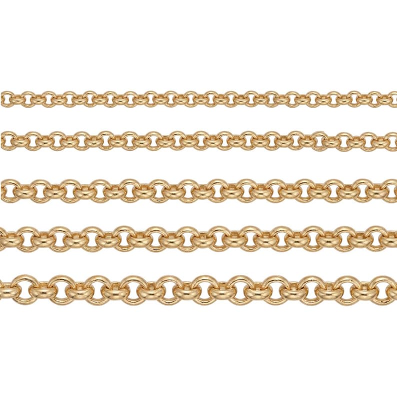 May include: Several gold-colored chain necklaces of varying thicknesses are displayed against a white background. Each chain is composed of interlocking circular links. The chains are arranged horizontally, showcasing the different sizes and styles available.