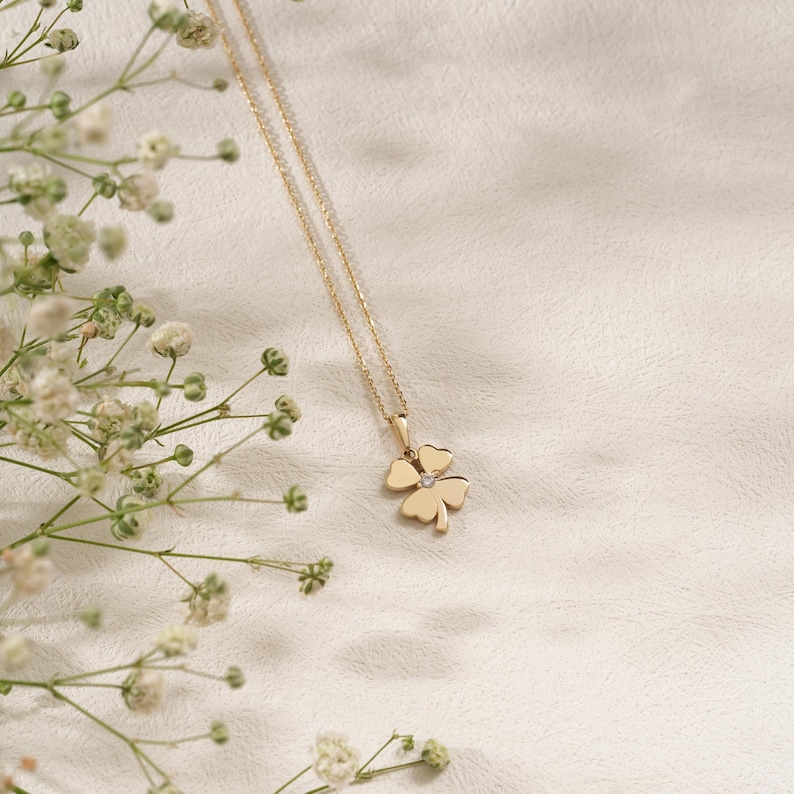 14K Solid Gold Four-leaf Clover Pendant Necklace: White Zircon Lucky ...