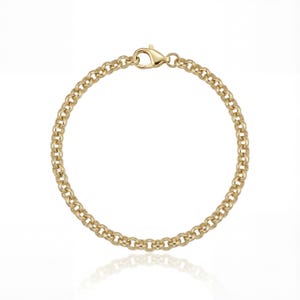May include: A gold-colored chain bracelet with a lobster clasp. The bracelet is made of small, rounded links, creating a textured appearance. The clasp is also gold-toned and securely fastens the bracelet.