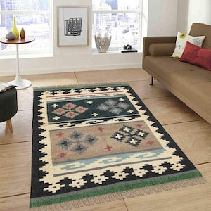 Boho Wool Jute Runner Rug, Geometric Pattern Dhurrie, Farmhouse Style Home Decor, Accent Rug