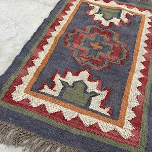 Boho Wool Jute Runner Rug, Geometric Pattern Dhurrie, Farmhouse Style Home Decor, Accent Rug