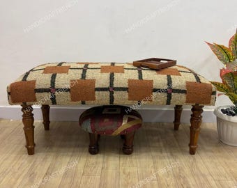 Banco con estampado Kilim, banco de café, banco otomano, banco tapizado, banco con alfombra turca, banco Kilim, banco de decoración para el hogar, banco hecho a mano