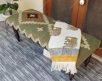 Handmade Kilim Jute Rug Bench: Bohemian Ottoman, Turkish Decor