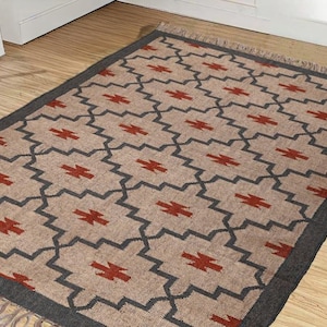 Boho Wool Jute Runner Rug, Geometric Pattern Dhurrie, Farmhouse Style Home Decor, Accent Rug