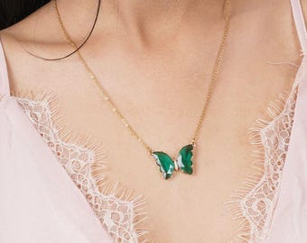 Green Butterfly Pendant Necklace, Gold Plated Sterling Silver Chain, Crystal Wings, 18 Inch Length