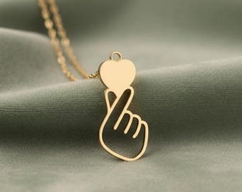 Gold Plated Finger Heart Necklace - Korean Love Symbol