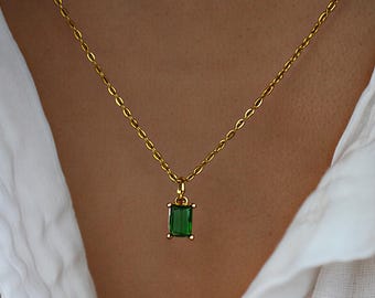 Dainty Pear Emerald Necklace : Gold Pave Wedding Jewelry