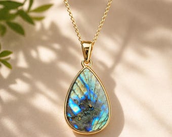 Carved Labradorite Pendant Necklace, 18K Gold Plated Brass Teardrop Necklace, Hand Carved Natural Gemstone Jewelry, Mother's Day Gifts