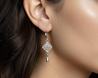 Sterling Silver Floral Drop Earrings : Vintage Leverback Trendy Earring