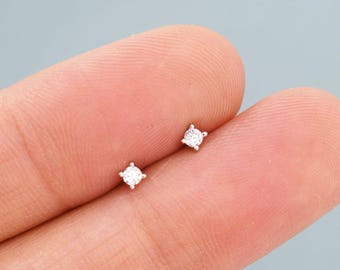 Tiny CZ Sterling Silver Stud Earrings, 2mm Crystal