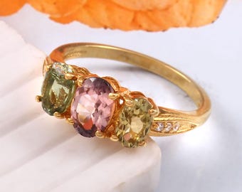 Natural Tourmaline Gemstone Solitaire Engagement Ring - Handmade Jewelry