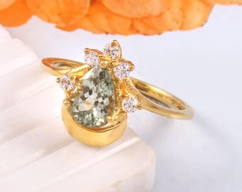 Gold Plated Tourmaline Pear Ring – White Topaz Halo, Sterling Silver Promise Ring