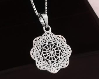 Sterling Silver Mandala Flower Pendant, Filigree Boho Necklace