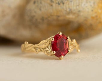 Oval Ruby Engagement Ring, Vintage Gold Leaf Band, Romantic Promise Ring
