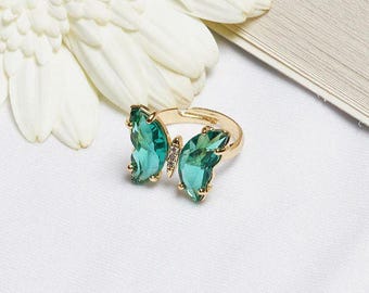 Green CZ Butterfly Ring, Gold Plated Sterling Silver, Adjustable Statement Jewelry