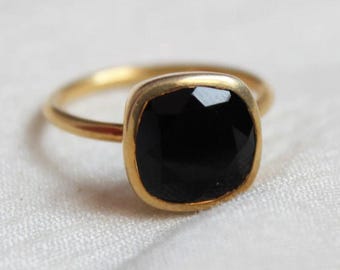 Black Onyx Cushion Shape Gold Plated Ring : Sterling Silver Handmade Jewelry