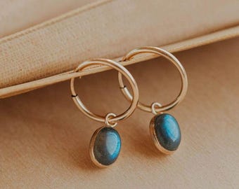 Labradorite Hoop Earrings, Gold Tone Minimalist Dainty Jewelry