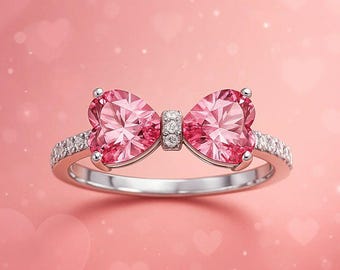 Sterling Silver Pink Bow Ring, Heart Gemstone, Dainty Minimalist Accessory