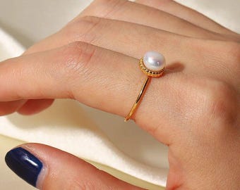 Pearl Gold Plated Sterling Silver Adjustable Ring: Handmade Statement Jewelry