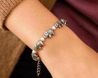 Sterling Silver Elephant Charm Bracelet – Beaded Boho Jewelry Gift