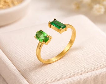 Green CZ Adjustable Ring • Dainty Gold Plated Minimalist Jewelry