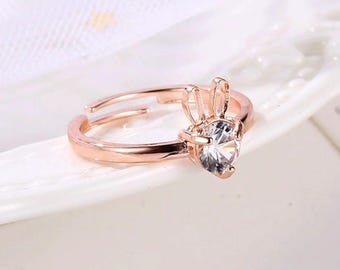 Rose Gold Bunny Ear Ring, Cubic Zirconia Solitaire, Sterling Silver Adjustable Band