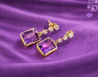 Purple Amethyst Drop Earrings • Gold Plated Brass Dangle Jewelry