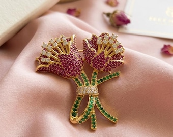 Handmade Floral Bouquet Brooch in Gold Plating - Ruby Emerald Stone Flower Pin - Unique Mother's Day Gift for Her